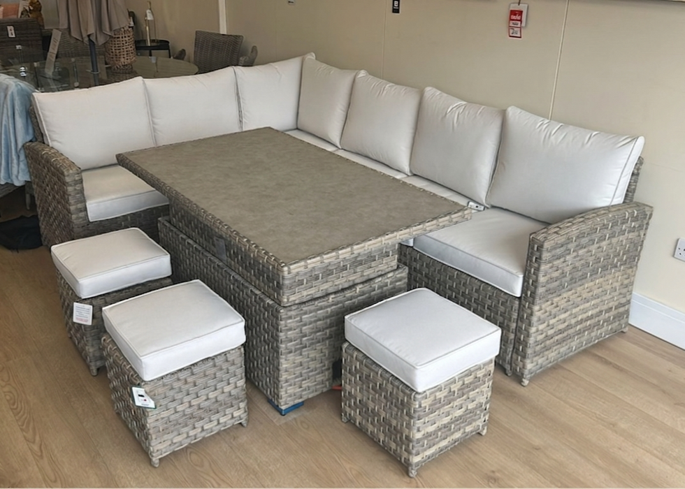 'Melody' Brown Natural Rattan Corner Sofa Adjustable Dining Table Set Water Resistant Cushions