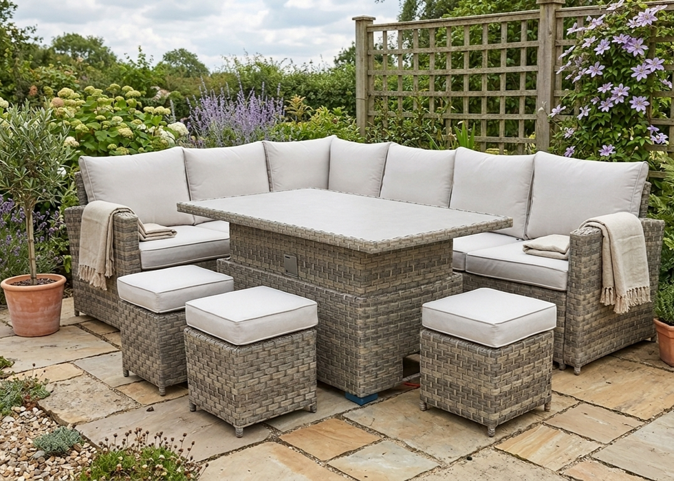 'Melody' Brown Natural Rattan Corner Sofa Adjustable Dining Table Set Water Resistant Cushions