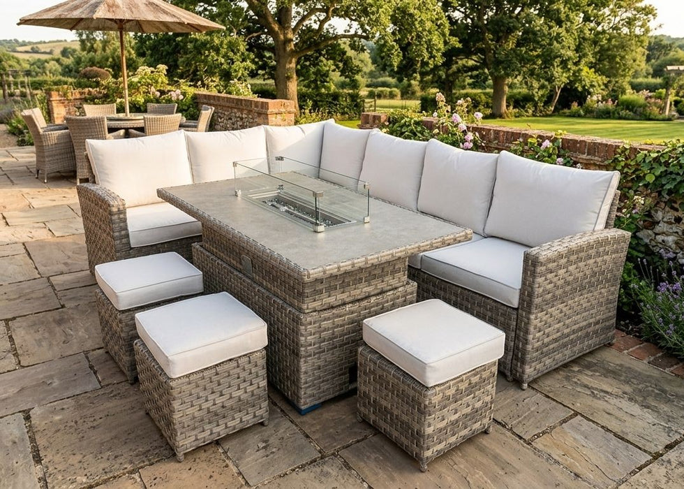 'Melody' Brown Natural Rattan Corner Sofa Adjustable Firepit Dining Table Set Water Resistant Cushions