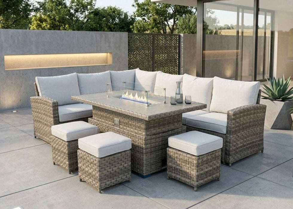 'Melody' Brown Natural Rattan Corner Sofa Adjustable Firepit Dining Table Set Water Resistant Cushions