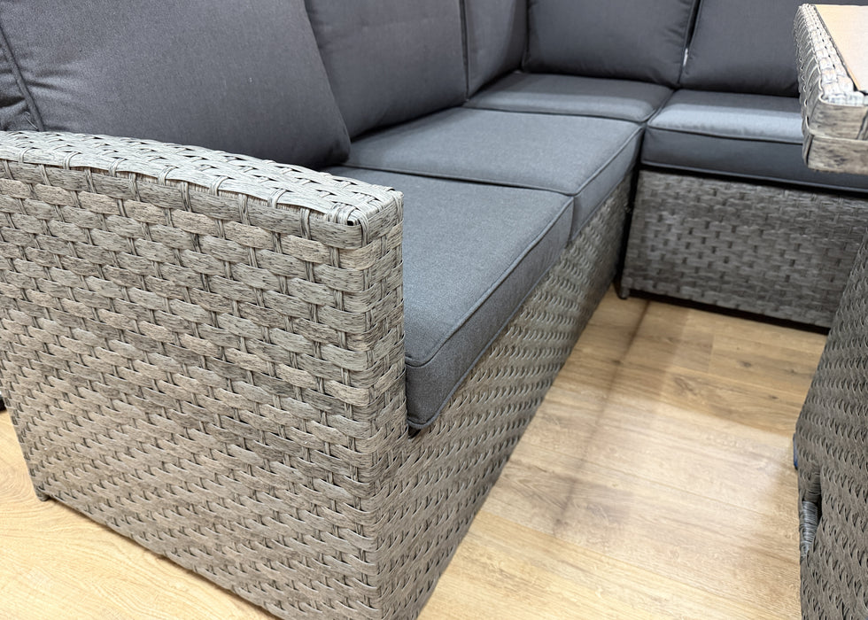 'Melody' Grey Rattan Corner Sofa Adjustable Dining Table Set Water Resistant Cushions