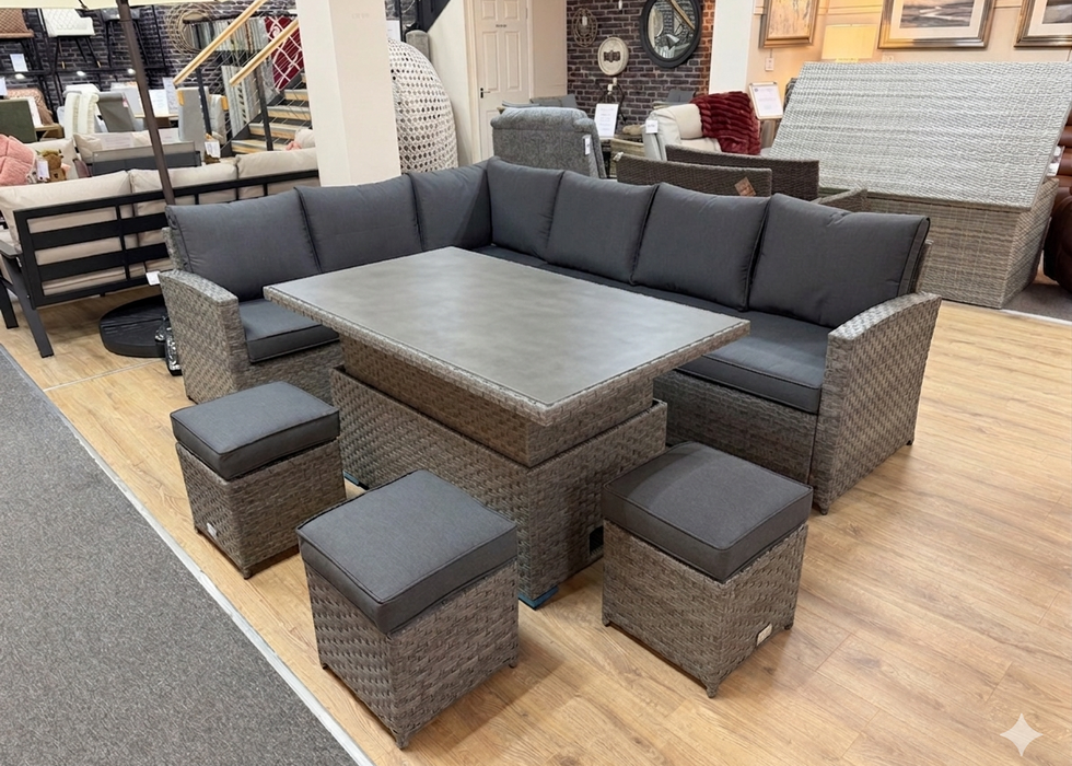 'Melody' Grey Rattan Corner Sofa Adjustable Dining Table Set Water Resistant Cushions