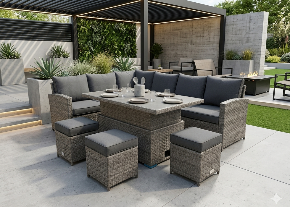 'Melody' Grey Rattan Corner Sofa Adjustable Dining Table Set Water Resistant Cushions