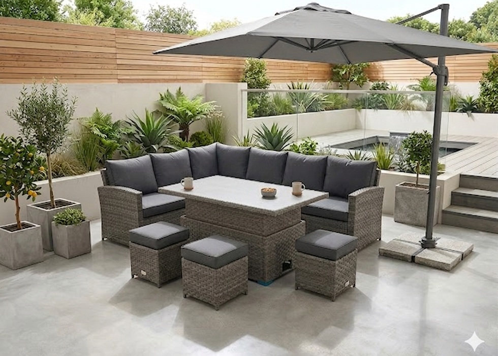 'Melody' Grey Rattan Corner Sofa Adjustable Dining Table Set Water Resistant Cushions