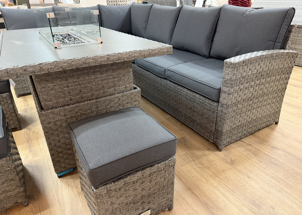 'Melody' Grey Rattan Corner Sofa Adjustable Firepit Dining Table Set Water Resistant Cushions