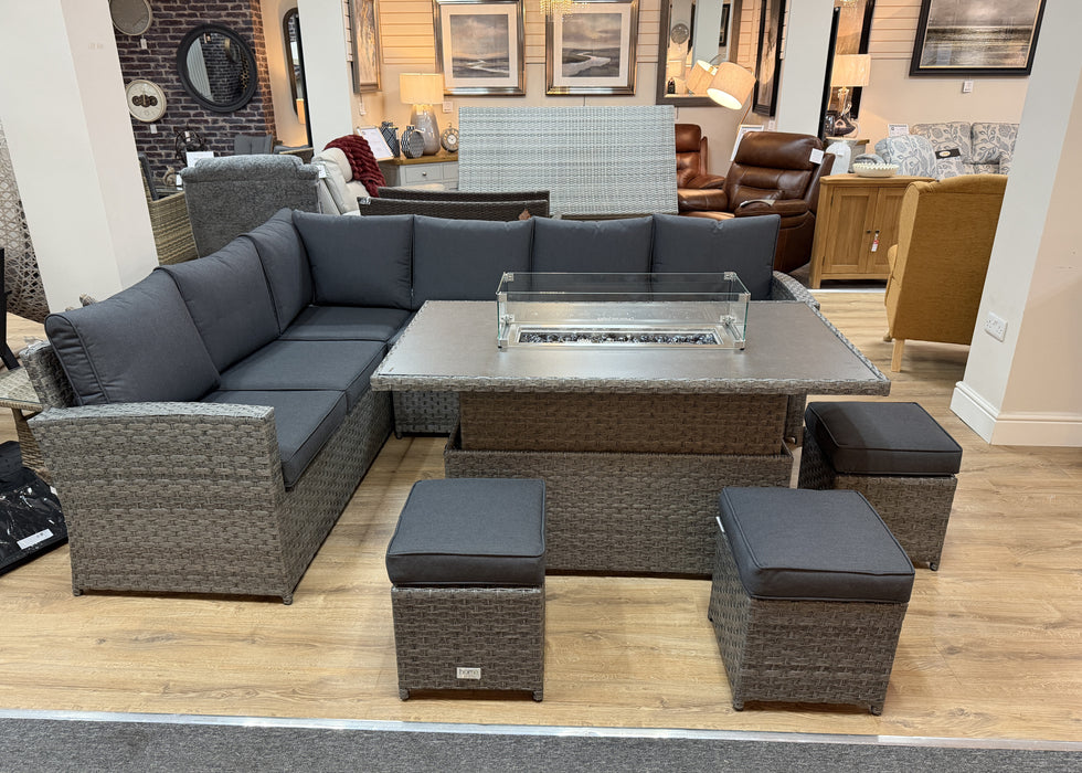 'Melody' Grey Rattan Corner Sofa Adjustable Firepit Dining Table Set Water Resistant Cushions