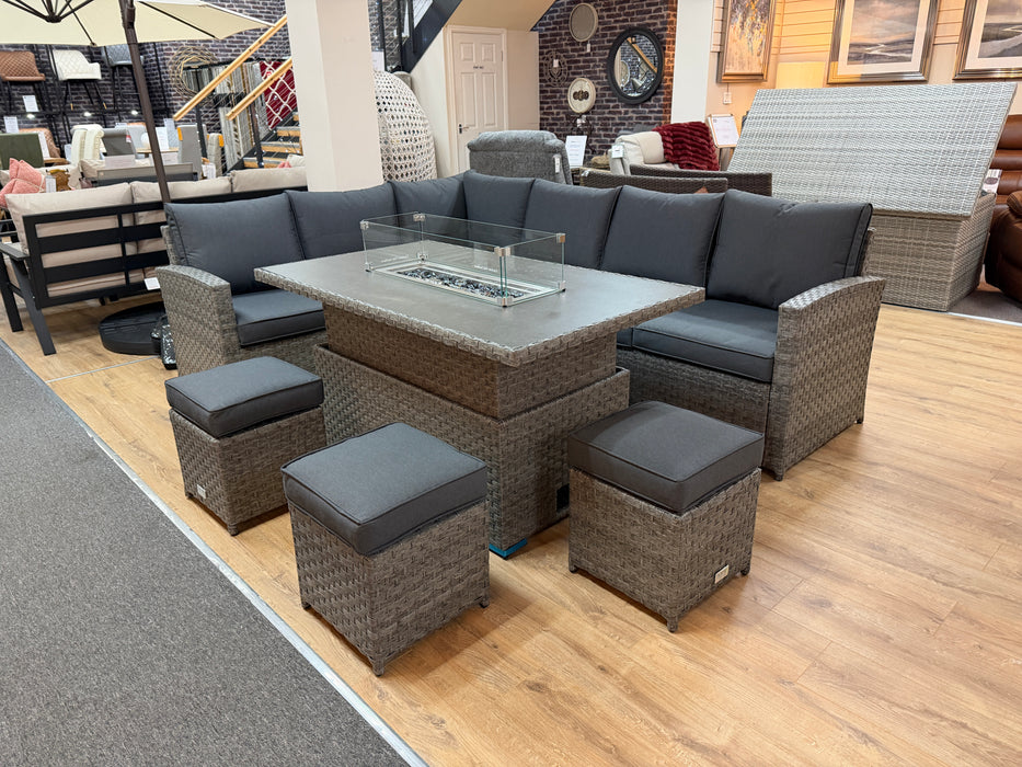 'Melody' Grey Rattan Corner Sofa Adjustable Firepit Dining Table Set Water Resistant Cushions