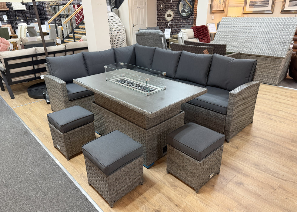 'Melody' Grey Rattan Corner Sofa Adjustable Firepit Dining Table Set Water Resistant Cushions