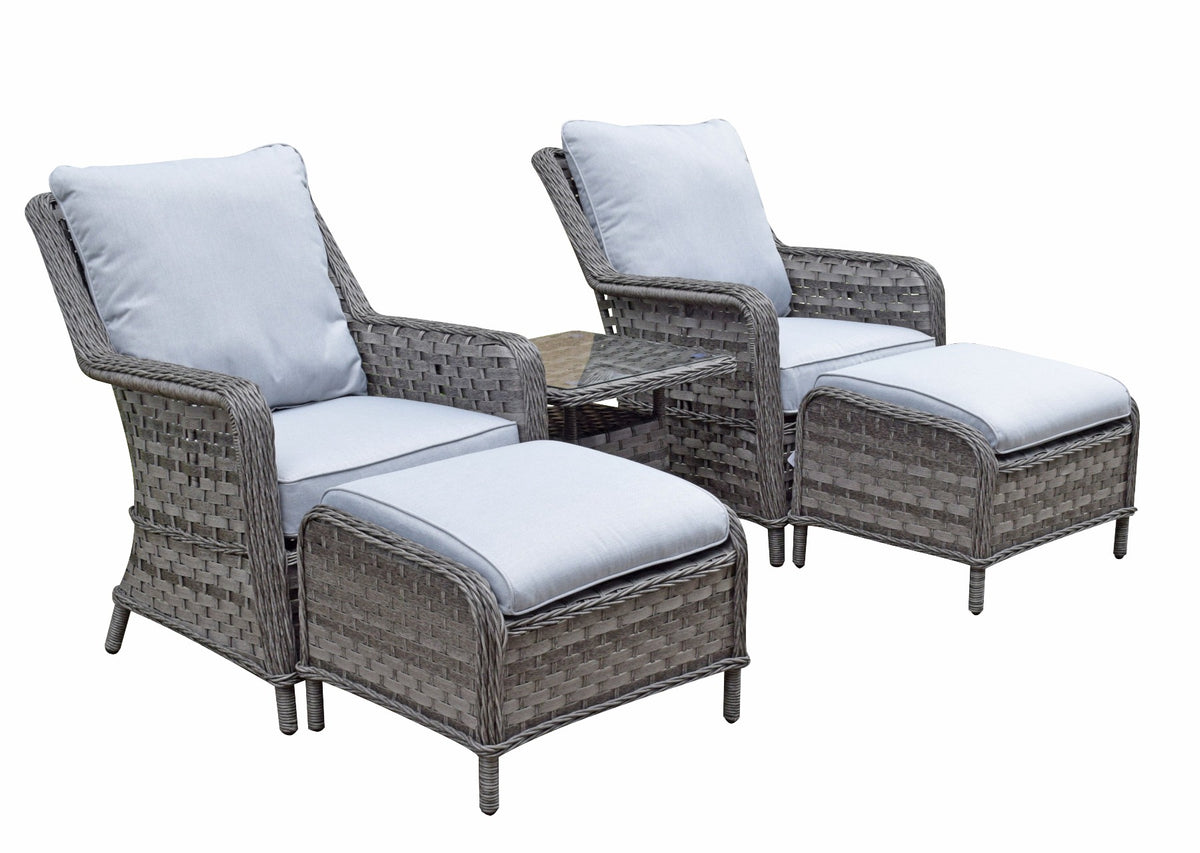 'Algarve' 2 Seater Grey Rattan Lounge Armchair Stool Set With Side Tab