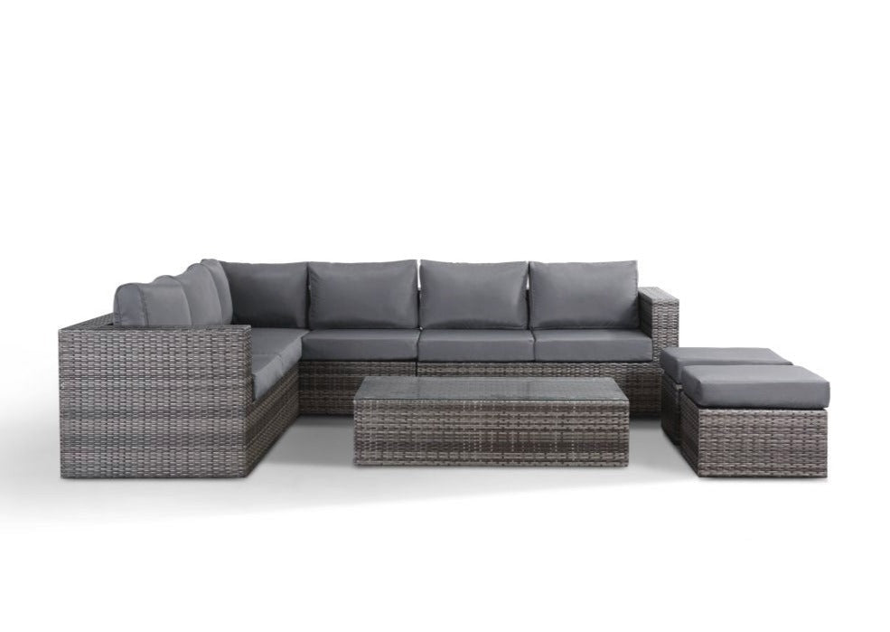 Layla Outdoor Rattan Grey Corner Sofa With Coffee Table And Two Stools