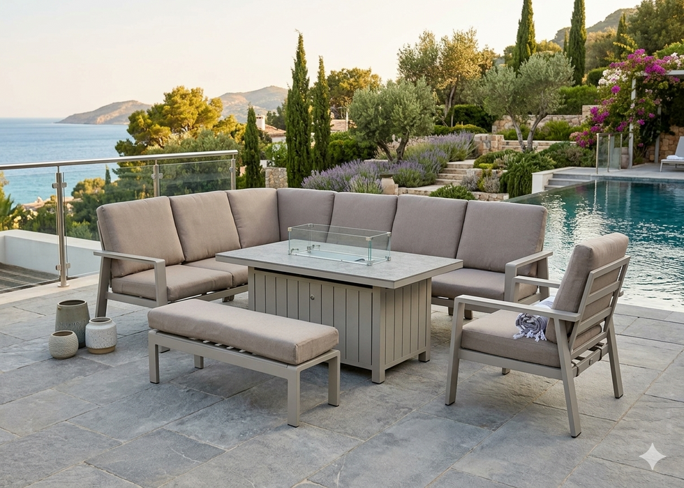 Neptune Aluminium Rectangle Corner Sofa Dining Set with Gas Firepit Table