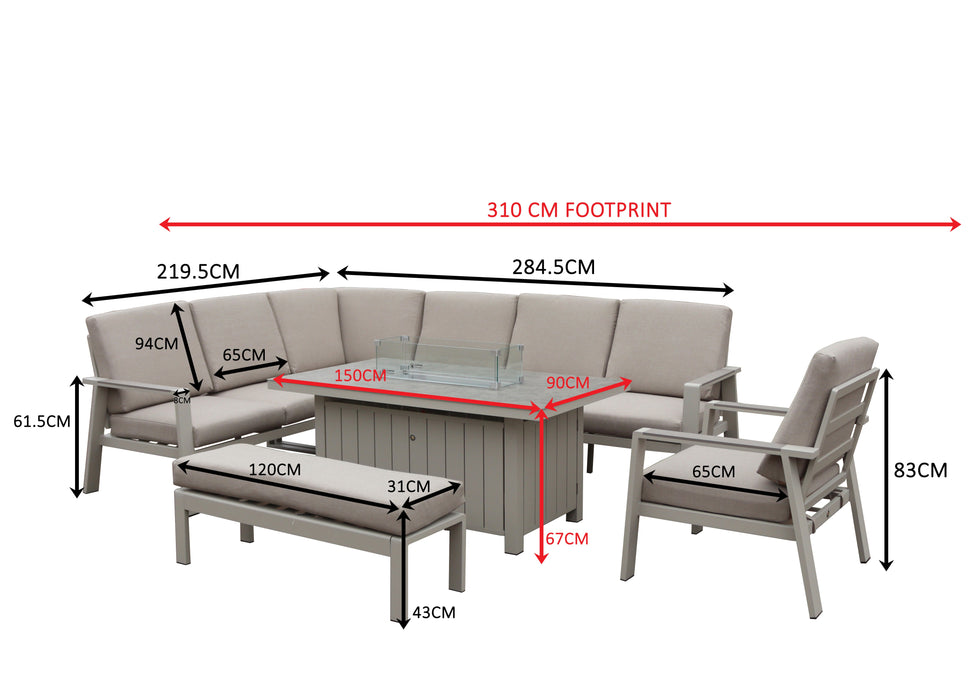 Neptune Aluminium Rectangle Corner Sofa Dining Set with Gas Firepit Table