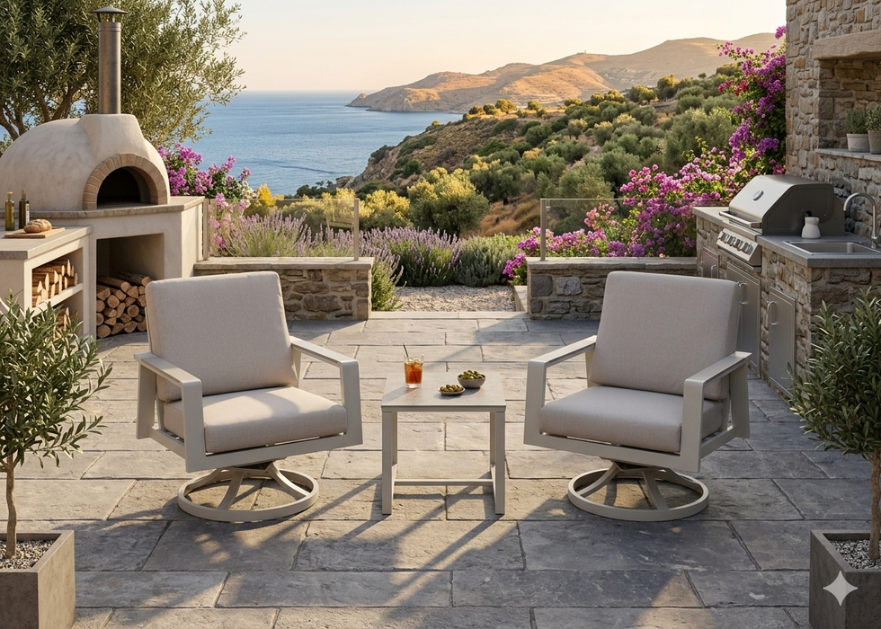 Neptune Aluminium Outdoor Bistro 3 Piece Swivel Chair Set with Side Drinks Table