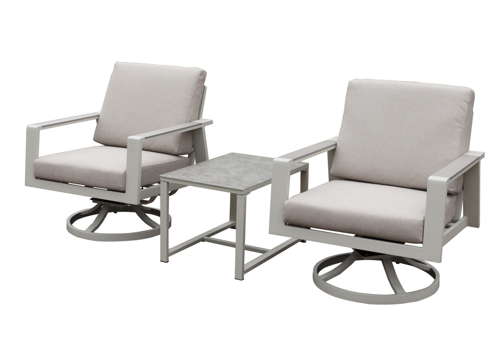 Neptune Aluminium Outdoor Bistro 3 Piece Swivel Chair Set with Side Drinks Table
