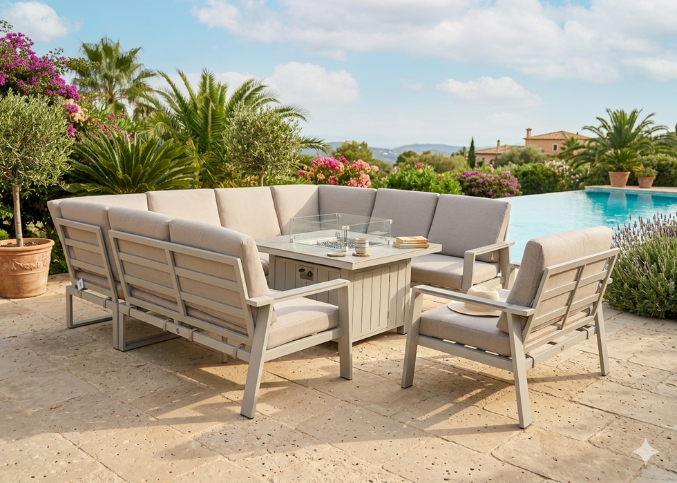 Neptune Aluminium Large U Shape Corner Sofa Dining Set with Gas Firepit Table