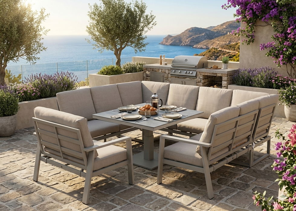 Neptune Aluminium Large U Shape Corner Sofa Dining Set with Rising up/ down Dining Table