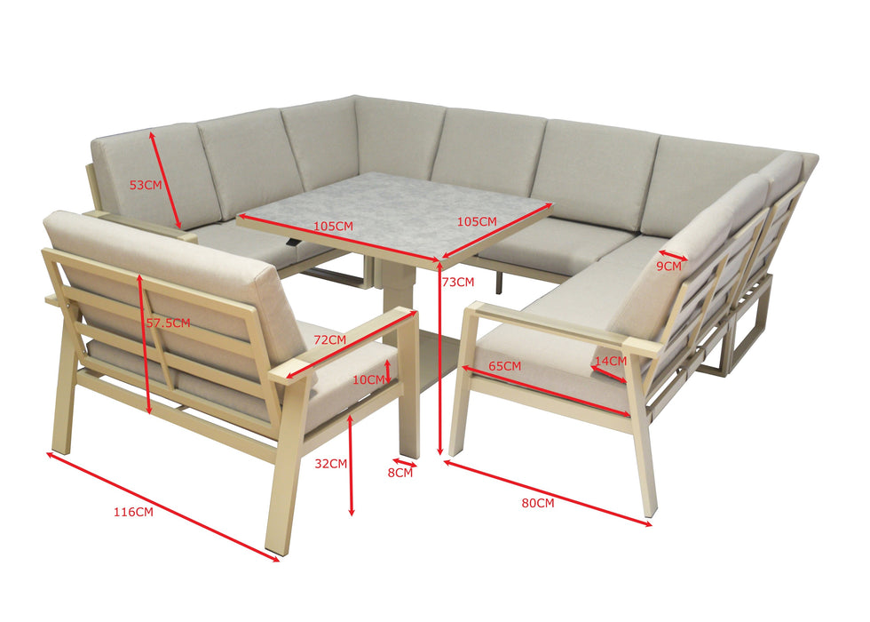 Neptune Aluminium Large U Shape Corner Sofa Dining Set with Rising up/ down Dining Table