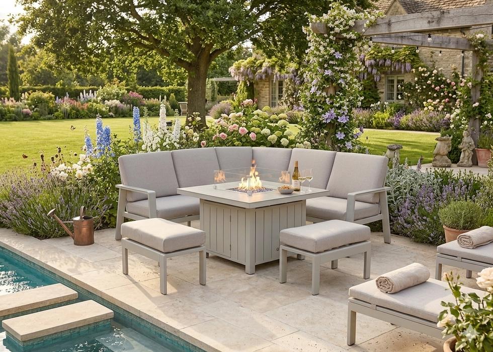 Neptune Outdoor Garden Aluminium Corner Sofa Dining Set with Gas Firepit Table