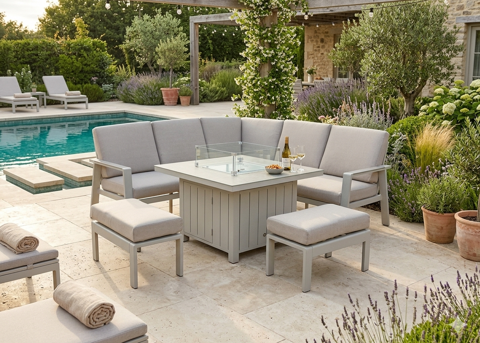 Neptune Outdoor Garden Aluminium Corner Sofa Dining Set with Gas Firepit Table