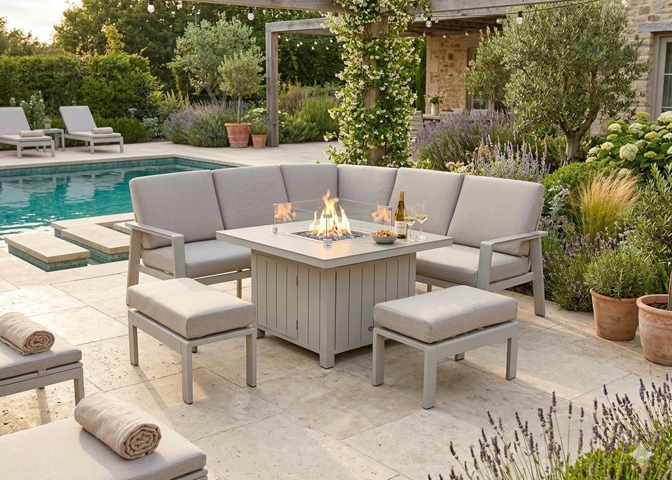 Neptune Outdoor Garden Aluminium Corner Sofa Dining Set with Gas Firepit Table