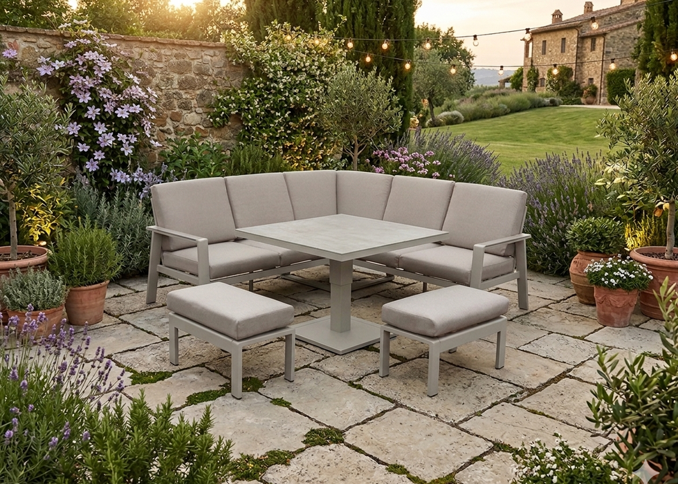 Neptune Aluminium Square Corner Sofa Dining Set with Rising up/ down Dining Table