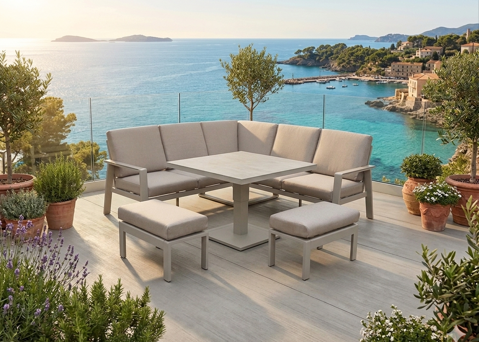 Neptune Aluminium Square Corner Sofa Dining Set with Rising up/ down Dining Table