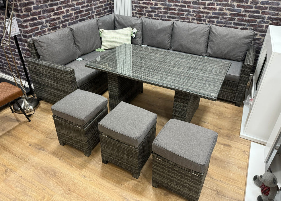 'Luxury' Outdoor Grey Aluminium Rattan Dining Table Corner Sofa Set with Storage Stools