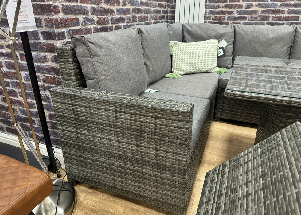 'Luxury' Outdoor Grey Aluminium Rattan Dining Table Corner Sofa Set with Storage Stools