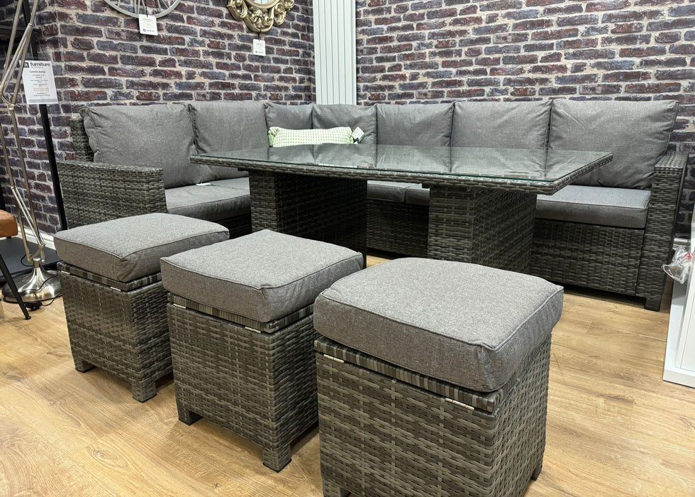 'Luxury' Outdoor Grey Aluminium Rattan Dining Table Corner Sofa Set with Storage Stools