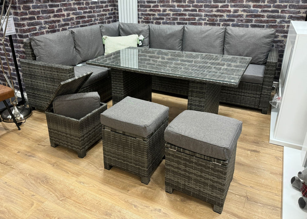 'Luxury' Outdoor Grey Aluminium Rattan Dining Table Corner Sofa Set with Storage Stools