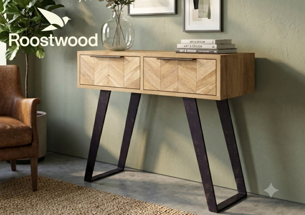 Roostwood 'Digbeth' Industrial Style 2 Drawer Console Table Mango Parquet Metal Legs