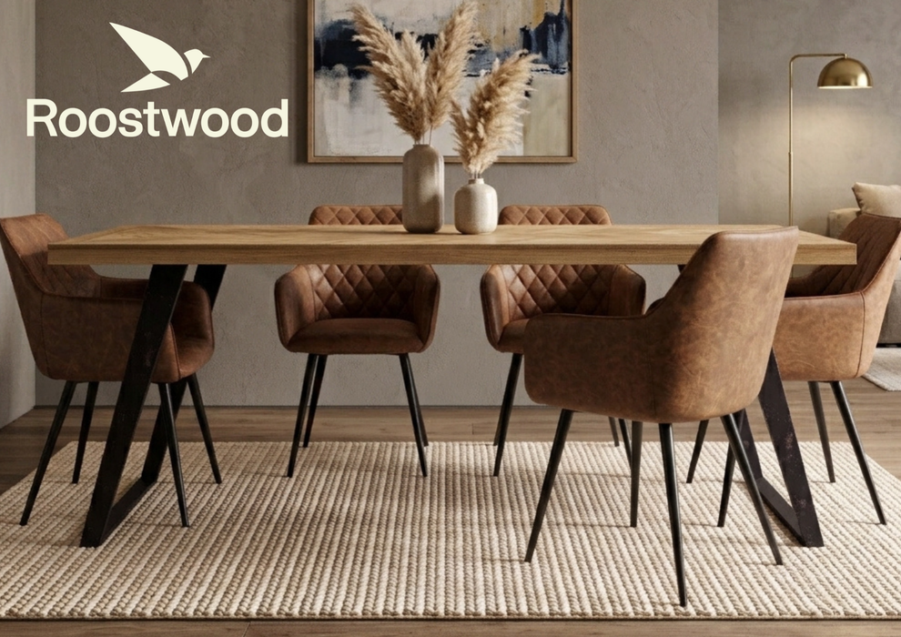 Roostwood 'Digbeth' Industrial Style 1.75m Large Dining Table Mango Parquet Metal Legs