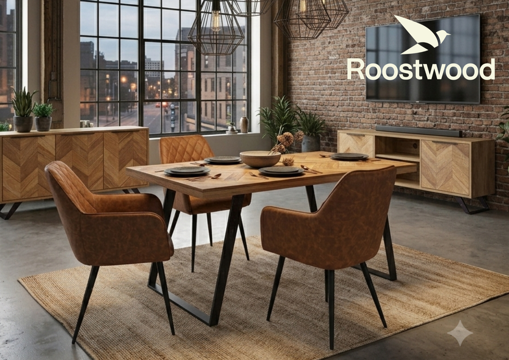 Roostwood 'Digbeth' Industrial Style 1.35m Dining Table Mango Parquet Metal Legs