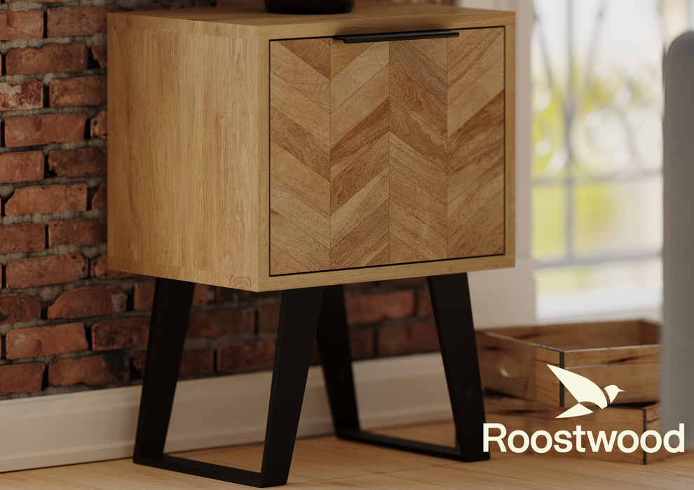 Roostwood 'Digbeth' Industrial Style Side Table Mango Parquet Metal Legs