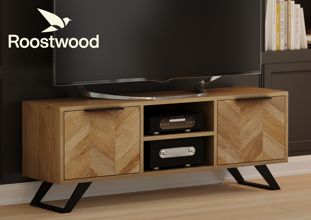 Roostwood 'Digbeth' Industrial Style TV Unit Cabinet Mango Parquet Metal Legs
