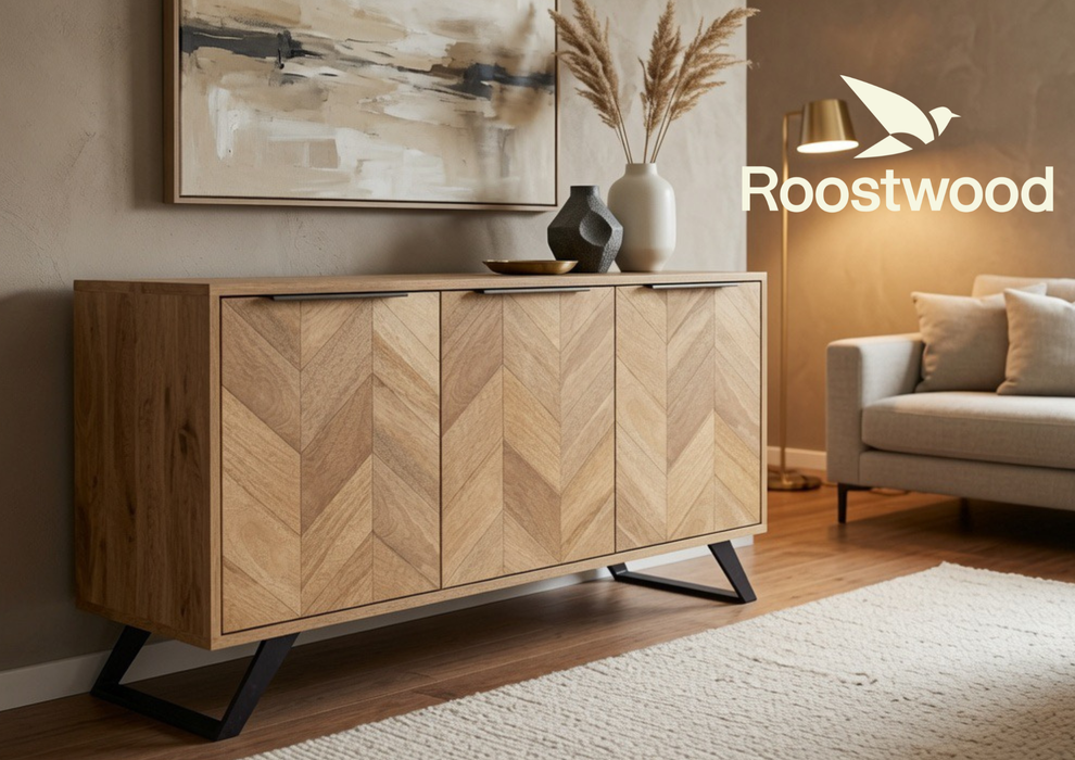 Roostwood 'Digbeth' Industrial Style Large 3 Door Sideboard Cabinet Mango Parquet Metal Legs