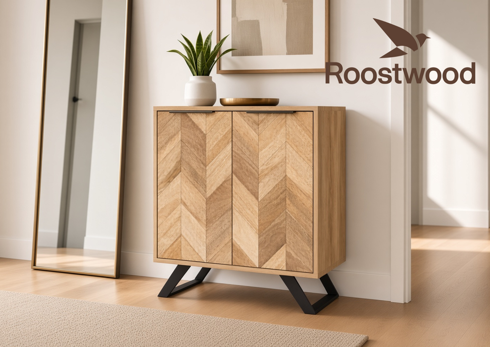 Roostwood 'Digbeth' Industrial Style 2 Door Hall Cabinet Sideboard Mango Parquet Metal Legs