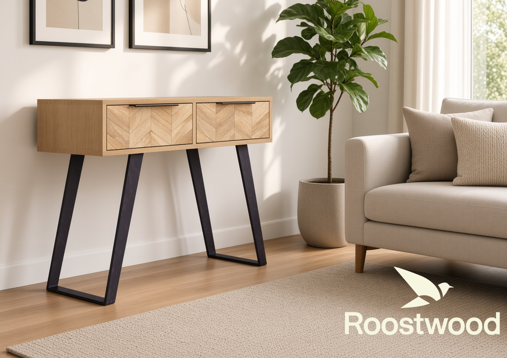 Roostwood 'Digbeth' Industrial Style 2 Drawer Console Table Mango Parquet Metal Legs