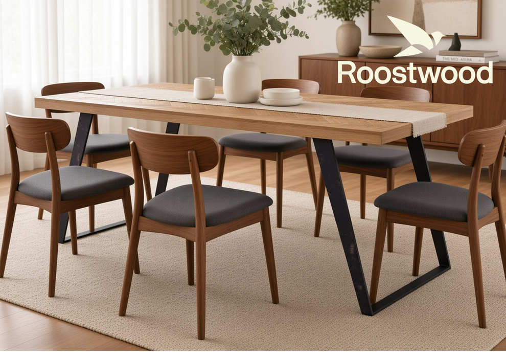 Roostwood 'Digbeth' Industrial Style 1.75m Large Dining Table Mango Parquet Metal Legs
