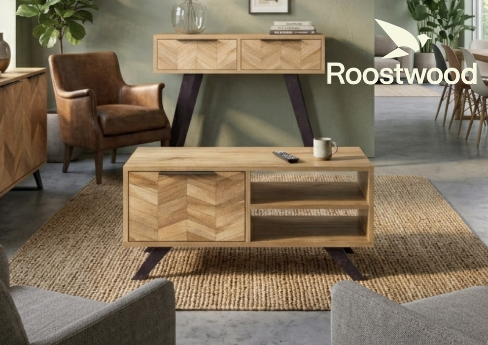 Roostwood 'Digbeth' Industrial Style Coffee / TV Cabinet Table Mango Parquet Metal Legs