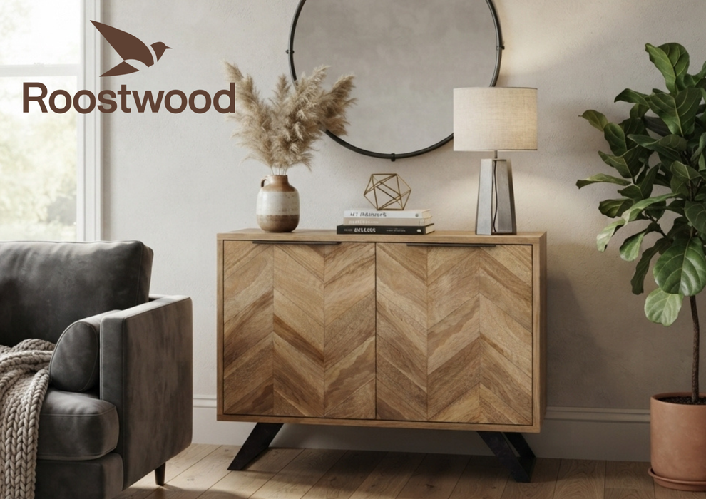 Roostwood 'Digbeth' Industrial Style 2 Door Sideboard Cabinet Mango Parquet Metal Legs