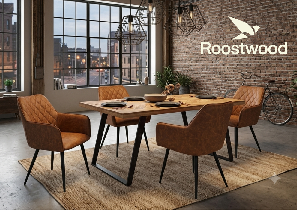 Roostwood 'Digbeth' Industrial Style 1.35m Dining Table Mango Parquet Metal Legs