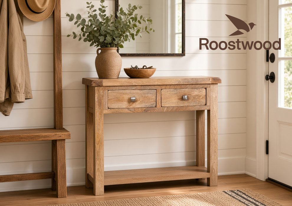 Roostwood 'Enville' Solid Chunky Mango Wood 2 Draw Console Table / Hall Way Table