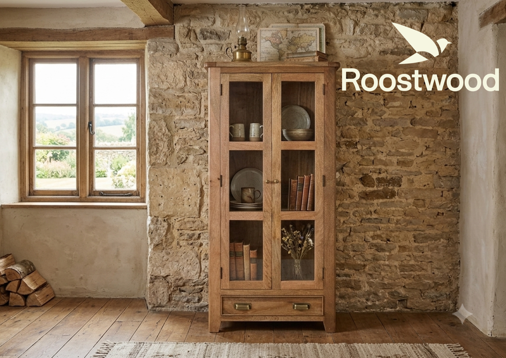 Roostwood 'Kinver' Rustic Solid Mango Wood Large Glazed Display Cabinet