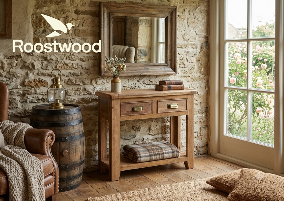 Roostwood 'Kinver' Rustic Solid Mango Wood 2 Draw Console Table / Hall Way Table