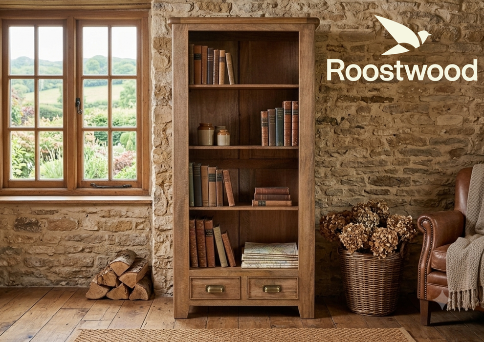 Roostwood 'Kinver' Rustic Solid Mango Wood Large Storage Bookcase with Drawers