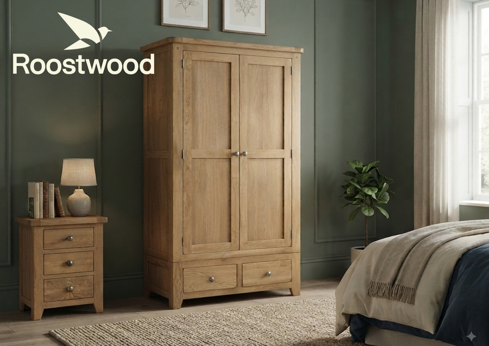 Roostwood 'Malvern' Country Oak 2 Door / 2 Draw Double Wardrobe