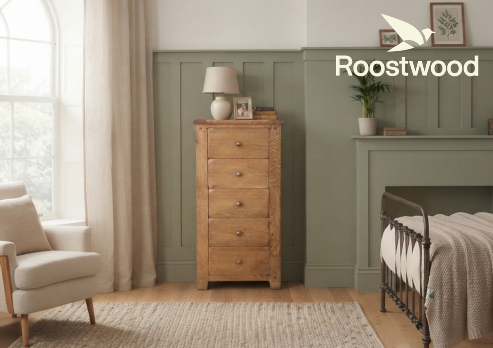 Roostwood 'Malvern' Country Oak 5 Drawer Tallboy / Chest of Drawers