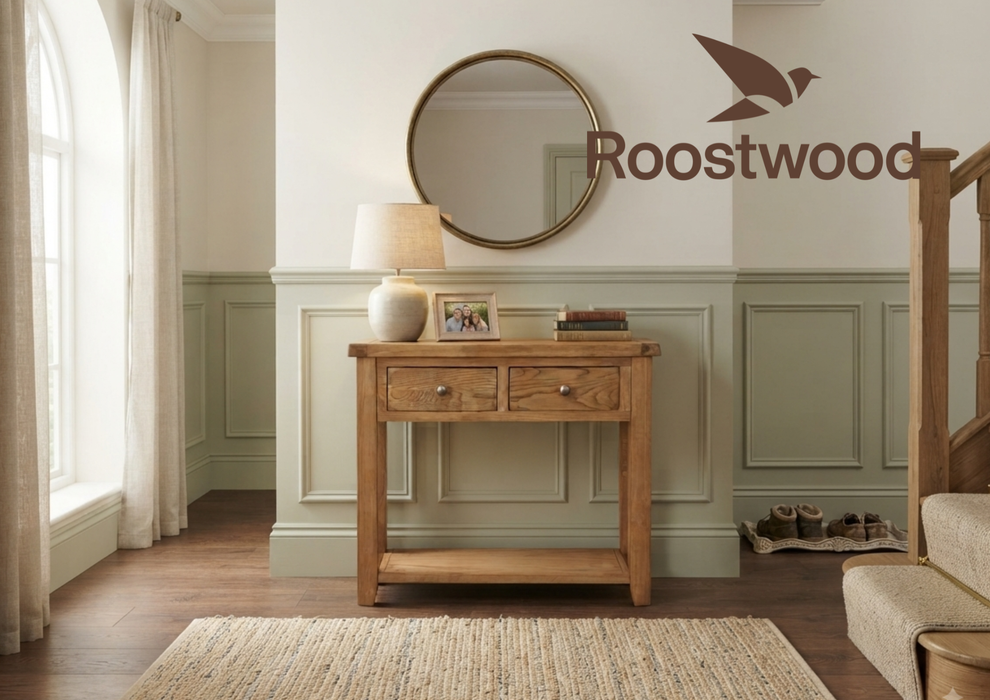 Roostwood 'Malvern' Country Solid Oak 2 Draw Console Table / Hall Way Table