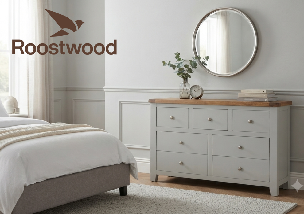 Roostwood 'Malvern' Grey Painted Oak 7 Drawer Wide Chest of Drawers